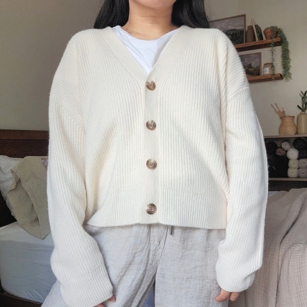 Quince 100% Cashmere Boxy Cropped Cardigan, Ivory White, S